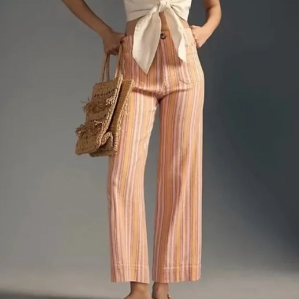 Anthropologie Colette Linen Pants Crop Wide Orange Stripe Maeve Sz 27